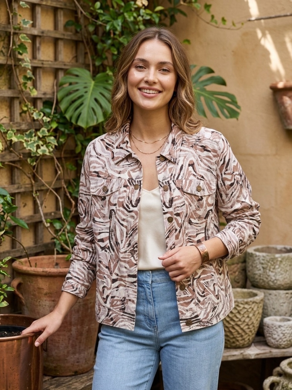 Carole Little Women's Printed Button-Front Jacket in Beige and Brown - Picture 1 of 12